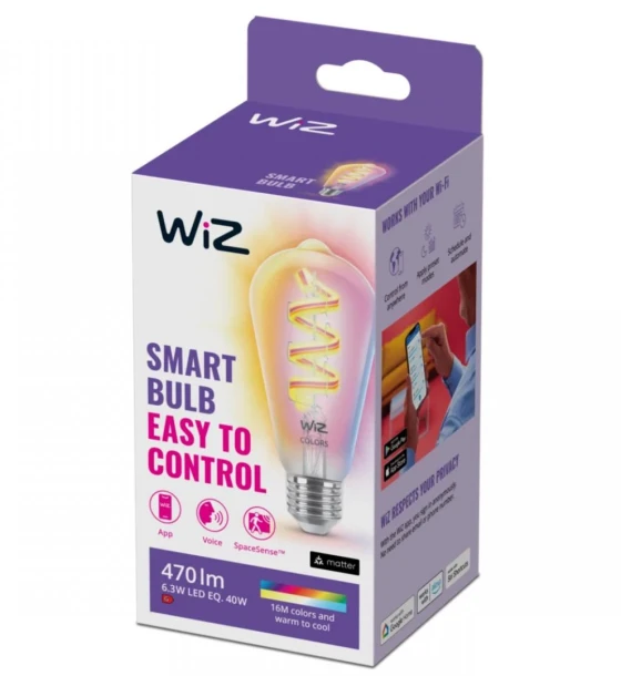 Sursa LED inteligenta Bec LED RGB inteligent WiZ Connected Filament Clear ST64, Wi-Fi, E27, 6.3W 40W, 470 lm, lumina alba si color 2200-6500K, compatibil GoogleAssistant/Alexa/Siri