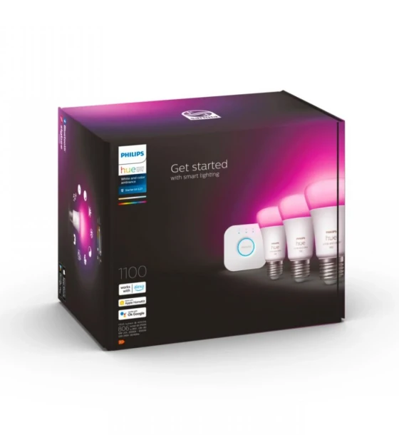 Sursa LED inteligenta Pachet 3 Becuri LED RGB inteligente Philips Hue A60, Bluetooth, E27, 9W 75W, 1100 lm, lumina alba si color 2000-6500K + Consola Hue Bridge