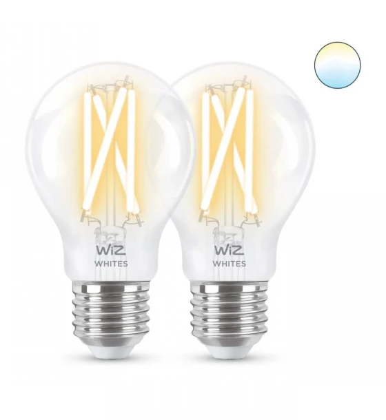 Sursa LED inteligenta 2 Becuri LED inteligente vintage decorative WiZ ConnectedFilamentClearA60, Wi-Fi, E27, 7W 60W, 806 lm, lumina alba 2700-6500K, compatibilGoogle Assistant/Alexa/Siri