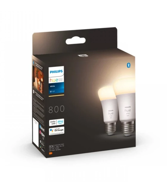 Sursa LED inteligenta 2 Becuri LED inteligente Philips Hue A60, Bluetooth, E27, 9W 60W, 806lm, lumina calda 2700K