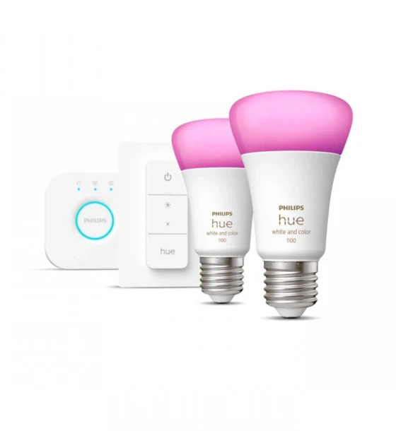 Sursa LED inteligenta Pachet 2 Becuri LED RGB inteligente Philips Hue A60, Bluetooth, E27, 9W 75W, 1100 lm, lumina alba si color 2000-6500K + Consola Hue Bridge+Intrerupator cu variator