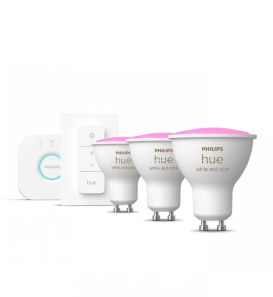 Sursa LED inteligenta Pachet 3 Becuri LED RGB inteligente Philips Hue Spot, Bluetooth, GU10, 5W 35W, 350 lm, lumina alba si color 2000-6500K, Consola Hue Bridge+Intrerupator cu variator incluse