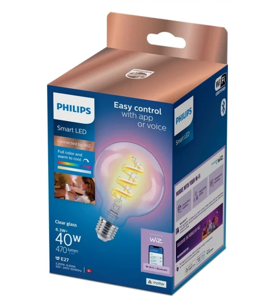 Sursa LED inteligenta Bec LED RGB inteligent Philips Filament Globe G95, Wi-Fi, E27, 6.3W 40W, 470 lm, lumina alba si color 2200-6500K