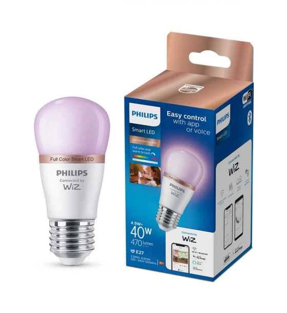 Sursa LED inteligenta Bec LED RGB inteligent Philips Bulb P45, Wi-Fi, Bluetooth, E27, 4.9W 40W, 470 lm, lumina alba si color 2200-6500K