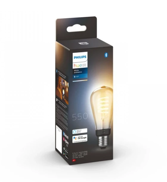 Sursa LED inteligenta Bec LED inteligent vintage decorativ Philips Hue Filament Edison ST64, Bluetooth, E27, 7W 40W, 550 lm, lumina alba 2200-4500K