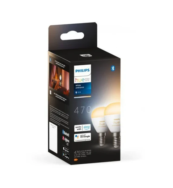 Sursa LED inteligenta 2 Becuri LED inteligente Philips Hue P45, Bluetooth, E14, 5.1W, 470 lm, lumina alba 2000-6500K