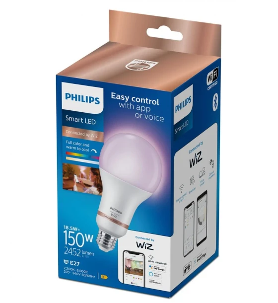 Sursa LED inteligenta Bec LED RGB inteligent Philips Bulb A80, Wi-Fi, Bluetooth, E27, 18.5W 150W, 2452 lm, lumina alba si color 2200-6500K