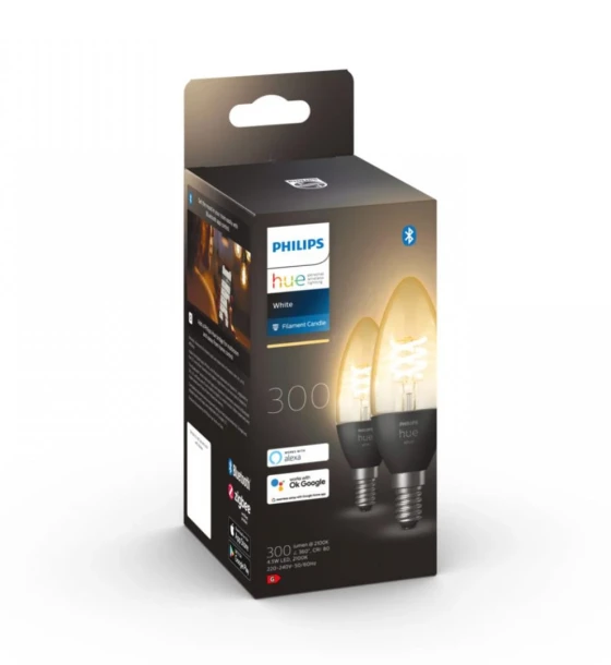 Sursa LED inteligenta 2 Becuri LED inteligente Philips Hue B39, Bluetooth, E14, 4.5W 28W, 300lm, lumina calda 2100K, cu filament