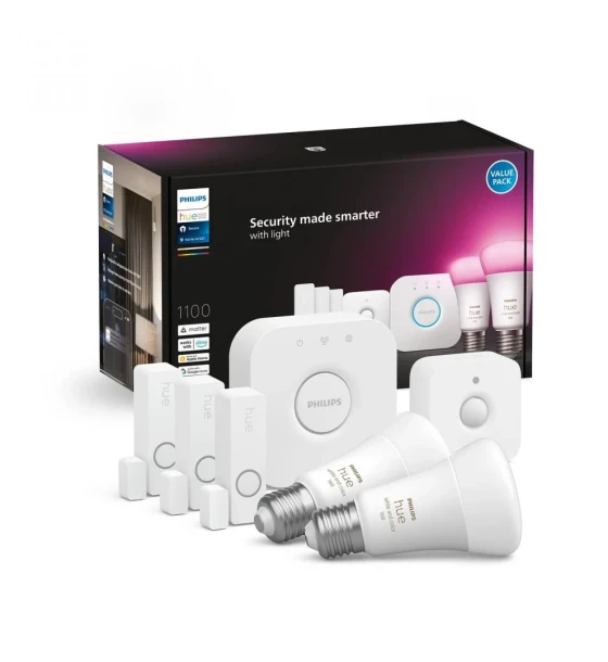 Sursa LED inteligenta Pachet Philips Hue Secure 3 Senzori de contact + 1 Senzor de miscare + 2Becuri LED RGB inteligente, E27, 9W, 1100 lm, lumina albasi color 2000-6500K + Consola Hue Bridge