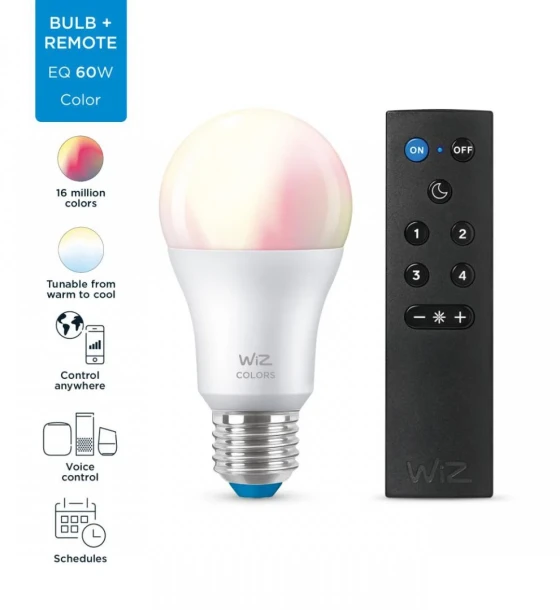 Sursa LED inteligenta Pachet 1 Bec LED RGB inteligent WiZ Connected Colors A60, Wi-Fi, E27, 8W 60W, 806 lm, lumina alba si color 2200-6500K + Telecomanda