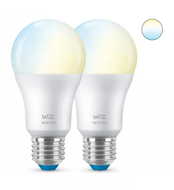 Sursa LED inteligenta 2 Becuri LED inteligente WiZ Connected Whites A60, Wi-Fi, E27, 8W 60W, 806 lm, lumina alba 2700-6500K, compatibil Google Assistant/Alexa/Siri