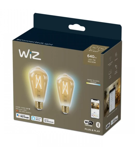 Sursa LED inteligenta 2 Becuri LED inteligente vintage decorative WiZ Connected FilamentGoldST64, Wi-Fi, E27, 6.7W 50W, 640 lm, lumina alba 2000-5000 K, compatibil Google Assistant/Alexa/Siri