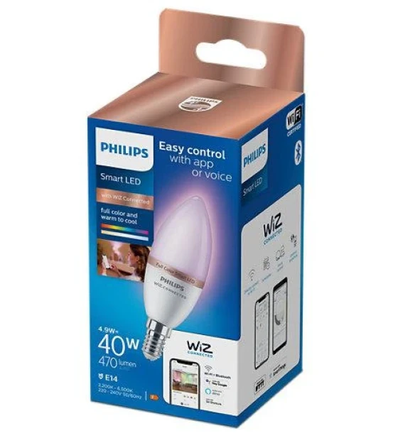 Sursa LED inteligenta Bec LED RGB inteligent Philips Candle C37, Wi-Fi, Bluetooth, E14, 4.9W 40W, 470 lm, lumina alba si 2200-6500K