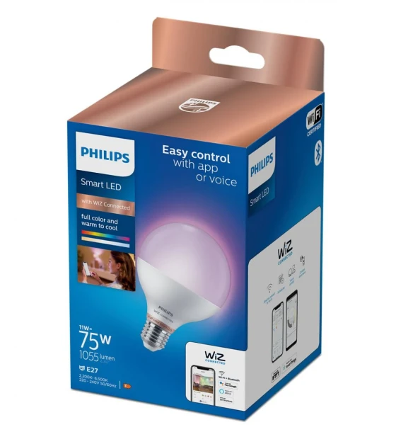 Sursa LED inteligenta Bec LED RGB inteligent Philips Glob G95, Wi-Fi, Bluetooth, E27, 11W 75W, 1055 lm, lumina alba si color 2200-6500K