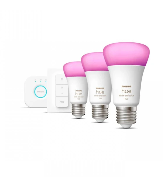 Sursa LED inteligenta Pachet 3 Becuri LED RGB inteligente Philips Hue A60, Bluetooth, E27, 9W 75W, 1100 lm, lumina alba si color 2000-6500K + Consola Hue Bridge + Intrerupator cu variator