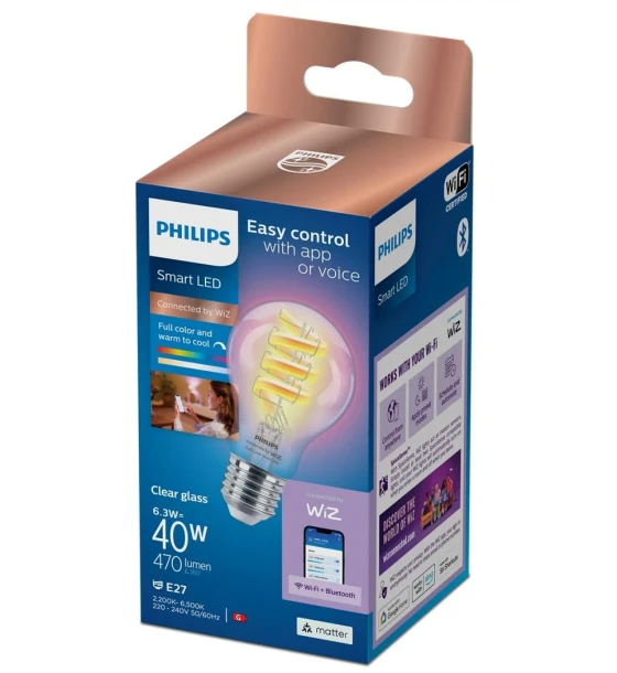 Sursa LED inteligenta Bec LED RGB inteligent Philips Filament Bulb A60, Wi-Fi, E27, 6.3W 40W, 470 lm, lumina alba si color 2200-6500K