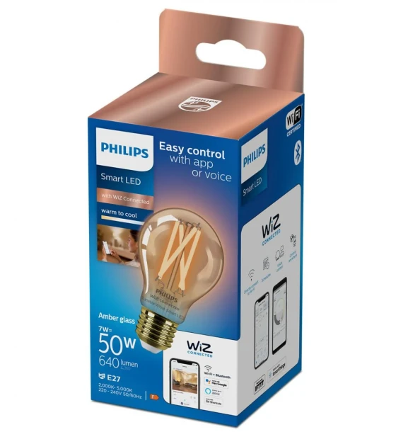 Sursa LED inteligenta Bec LED inteligent vintage decorativ Philips Filament Bulb Amber A60, Wi-Fi, Bluetooth, E27, 7W 50W, 640 lm, lumina alba 2000-5000K