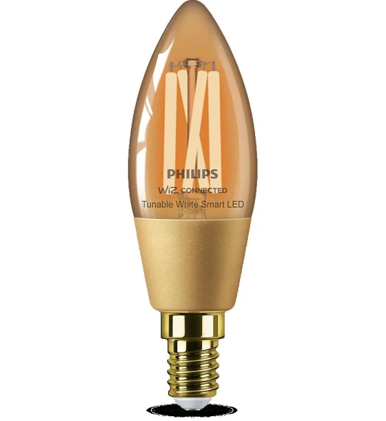 Sursa LED inteligenta Bec LED inteligent vintage decorativ Philips Filament Candle AmberC35, Wi-Fi, Bluetooth, E14, 4.9W 25W, 370 lm, lumina alba 2000-5000K