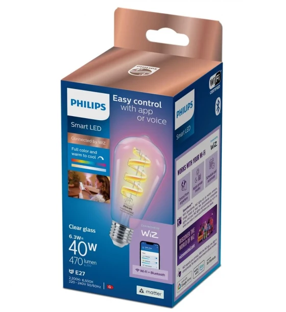 Sursa LED inteligenta Bec LED RGB inteligent Philips Filament Bulb Clear ST64, Wi-Fi, E27, 6.3W 40W, 470 lm, lumina alba si color 2200-6500K
