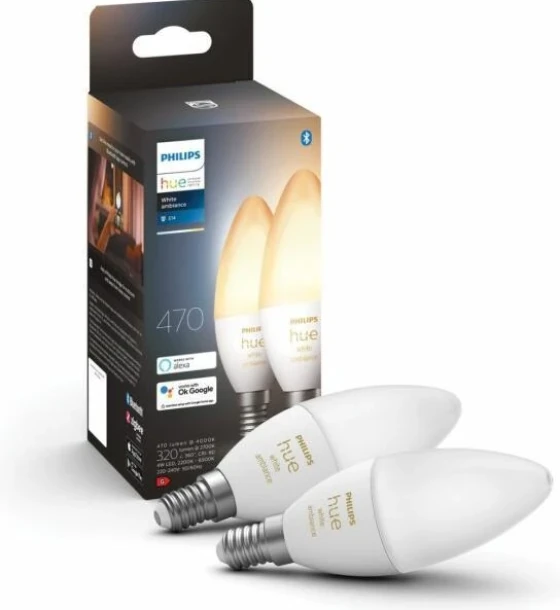 Sursa LED inteligenta 2 Becuri LED inteligente Philips Hue B39, Bluetooth, E14, 4W 40W, 470lm, lumina alba 2200-6500K