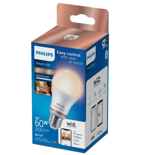 Sursa LED inteligenta Bec LED inteligent Philips Bulb A60, Wi-Fi, Bluetooth, E27, 8W 60W, 806 lm, lumina alba 2700-6500K