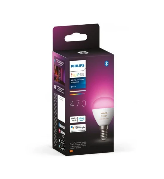 Sursa LED inteligenta Bec LED RGB inteligent Philips Hue P45, Bluetooth, E14, 5.1W, 470 lm, lumina alba si color 2000-6500K