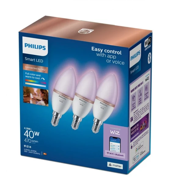 Sursa LED inteligenta 3 Becuri LED RGB inteligente Philips Candle C37, Wi-Fi, Bluetooth, E14, 4.9W 40W, 470 lm, lumina alba si color 2200-6500K