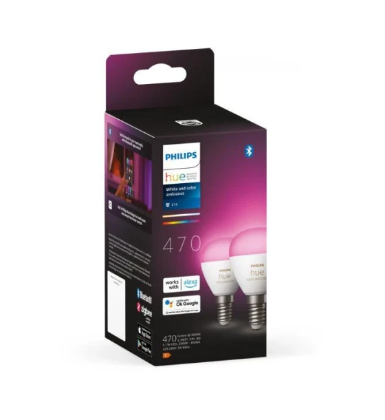 Sursa LED inteligenta 2 Becuri LED RGB inteligente Philips Hue P45, Bluetooth, E14, 5.1W, 470lm, lumina alba si color 2000-6500K