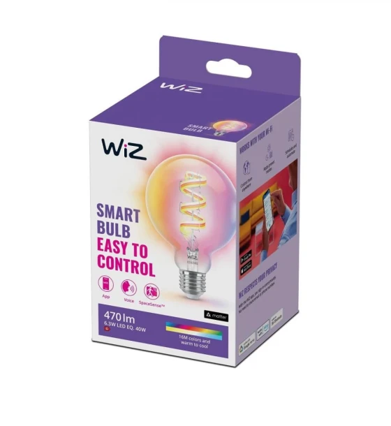Sursa LED inteligenta Bec LED RGB inteligent WiZ Connected Filament Clear G95, Wi-Fi, E27, 6.3W 40W, 470 lm, lumina alba si color 2200-6500K, compatibil GoogleAssistant/Alexa/Siri