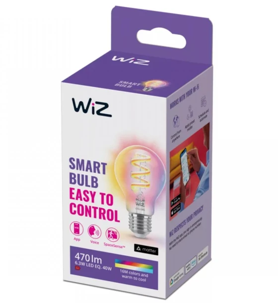 Sursa LED inteligenta Bec LED RGB inteligent WiZ Connected Filament Clear A60, Wi-Fi, E27, 6.3W 40W, 470 lm, lumina alba si color 2200-6500K, compatibil GoogleAssistant/Alexa/Siri