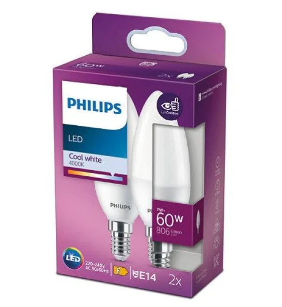 2 Becuri LED Philips B38, EyeComfort, E14, 7W 60W, 806 lm, luminaneutra 4000K, mat