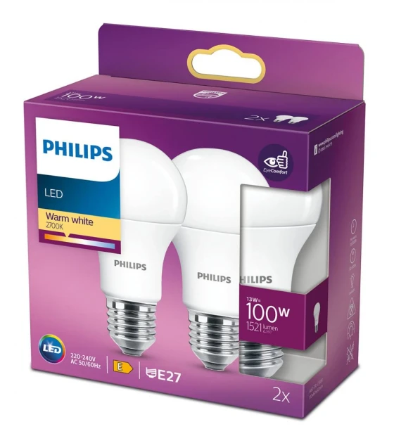 2 Becuri LED Philips A60, EyeComfort, E27, 13W 100W, 1521 lm, luminacalda 2700K, mat