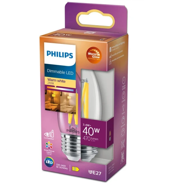 Bec LED Philips Classic B35, EyeComfort, E27, 3.4W 40W, 470 lm, luminacalda 2700K, dimabil, cu filament
