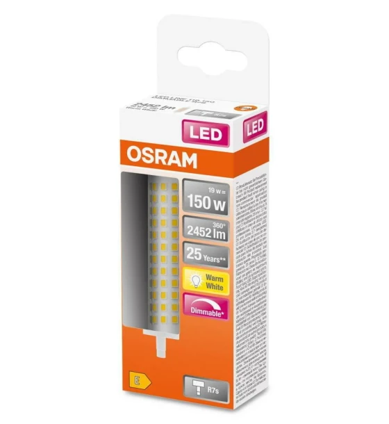 Bec LED Osram DIM LINE, R7s, 19W 150W, 2452 lm, lumina calda 2700K, dimabila, 118mm, Ø28mm
