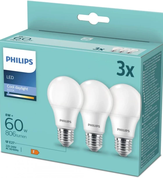 3 Becuri LED Philips A60, E27, 8W 60W, 806 lm, lumina rece 6500K, mat