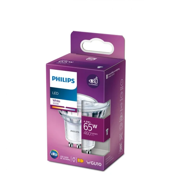Bec LED Philips Classic, EyeComfort, GU10, 4.9W 65W, 460 lm, luminacalda 3000K