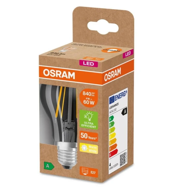 Bec LED Osram Classic A60, Ultra Efficient Light, E27, 4W 60W, 840 lm, lumina calda 3000K, cu filament