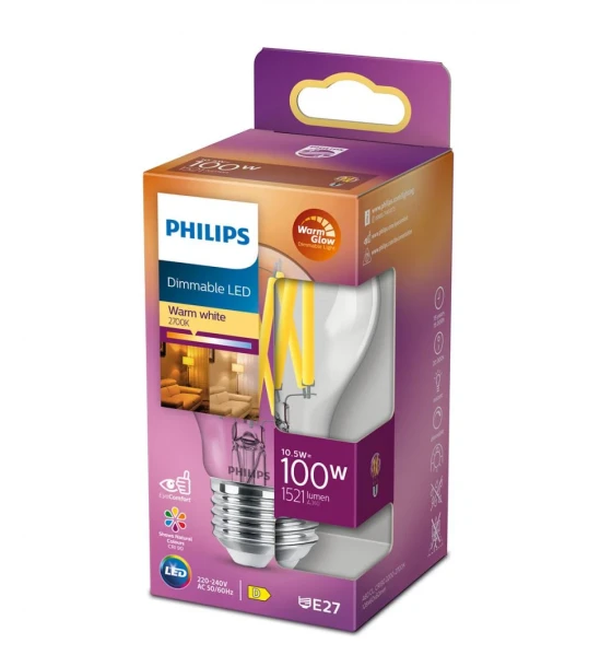 Bec LED Philips Classic A60, EyeComfort, E27, 10.5W 100W, 1521 lm, lumina calda 2200-2700K, dimabil