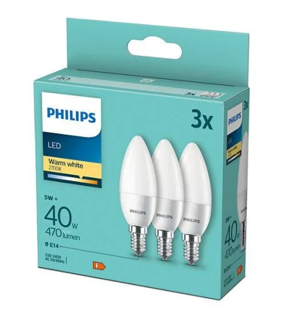 3 Becuri LED Philips B35, E14, 5W 40W, 470 lm, lumina calda 2700K, mat