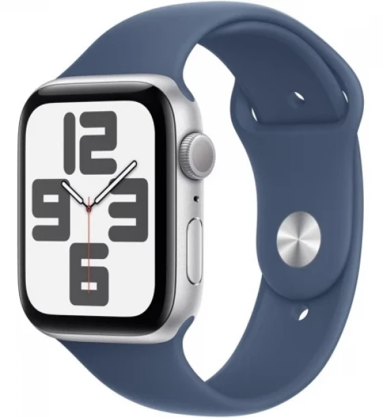 SmartWatch Apple Watch SE (2024) v3 Aluminium, 1.78inch, 4G, Curea Silicon M/L, Silver-Denim Sport Band