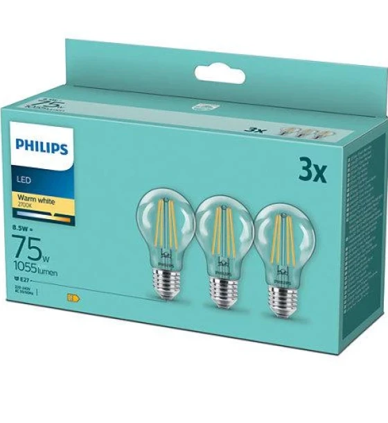 3 Becuri LED Philips Classic A60, E27, 8.5W 75W, 1055 lm, luminacalda 2700K, cu filament