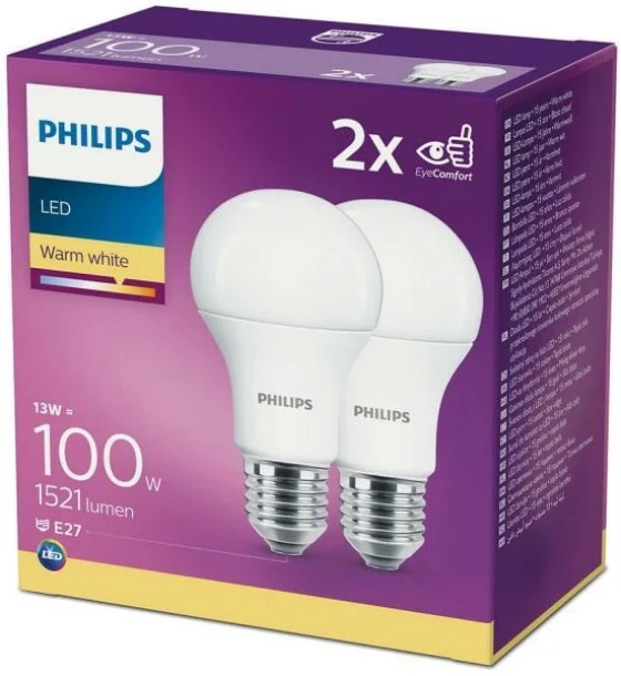 2 Becuri LED Philips A60, EyeComfort, E27, 13W 100W, 1521 lm, luminacalda 2700K, mat