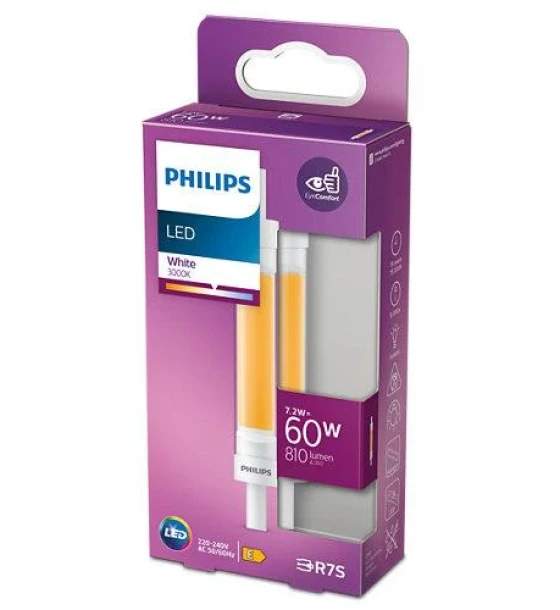 Bec LED Philips, EyeComfort, R7S, 7.2W 60W, 810 lm, luminacalda 3000K, 118mm