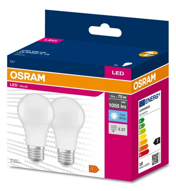2 Becuri LED Osram Value Classic A, E27, 10W 75W, 1055 lm, luminaneutra 4000K