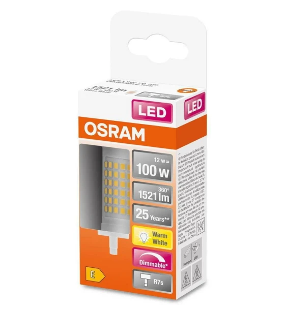 Bec LED Osram DIM LINE, R7s, 12W 100W, 1521 lm, lumina calda 2700K, dimabila, 78mm, Ø28mm