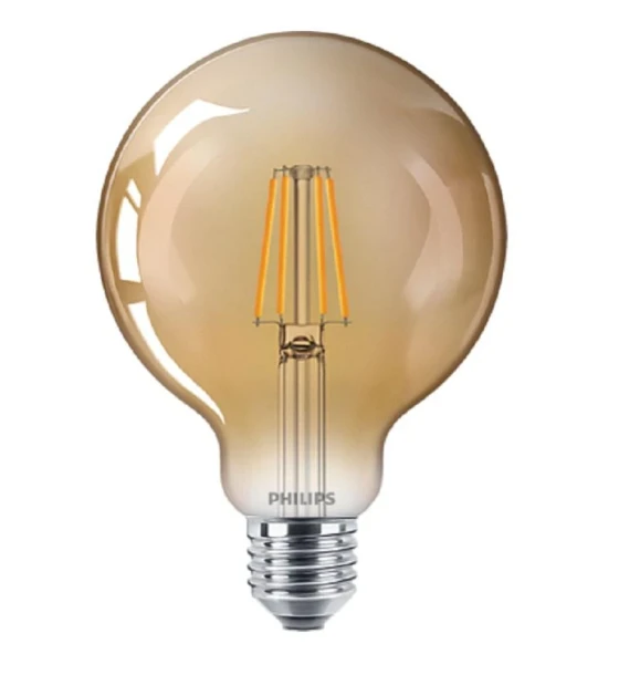 Bec LED vintage decorativ Philips Classic Gold Globe G93, EyeComfort, E27, 4W 35W, 400 lm, lumina calda 2500K, cu filament