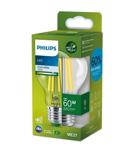Bec LED Philips Classic A60, Ultra Efficient Light, E27, 4W 60W, 840 lm, lumina neutra 4000K