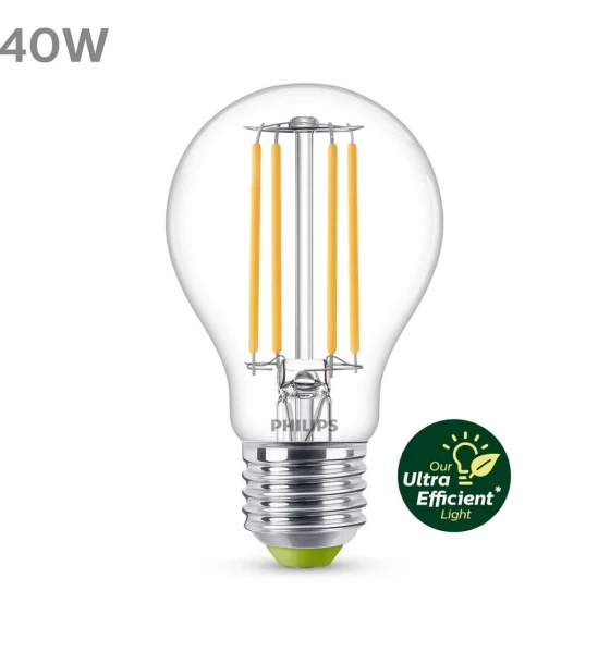 Bec LED Philips Classic A60, Ultra Efficient Light, E27, 2.3W 40W, 485 lm, lumina calda 3000K