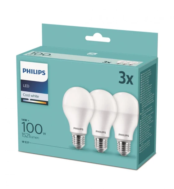 3 Becuri LED Philips A67, E27, 13W 100W, 1521 lm, luminaneutra 4000K, mat