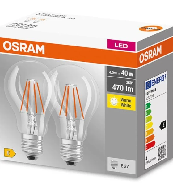 2 Becuri LED Osram Base Classic A, E27, 4W 40W, 470 lm, lumina calda 2700K, cu filament